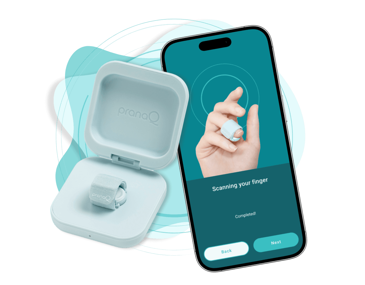 Open Homekit charging case with the soft fabric finger sensor, beside the companion app