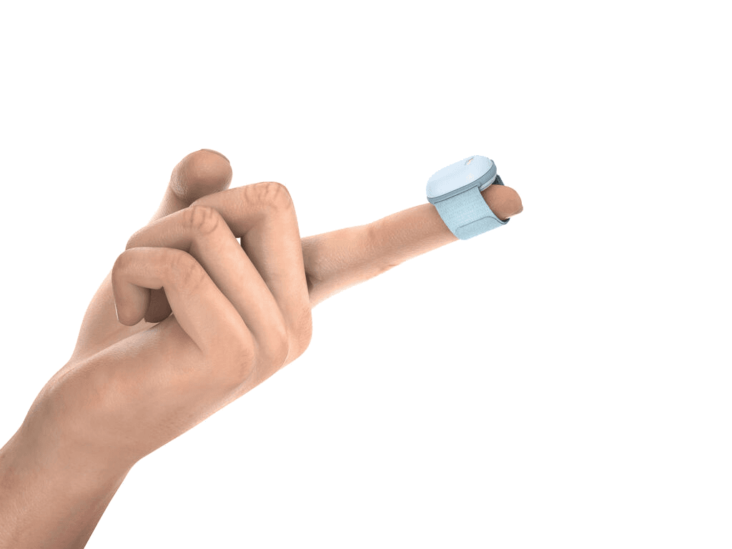 A hand wearing the soft Homekit fabric sensor around the finger
